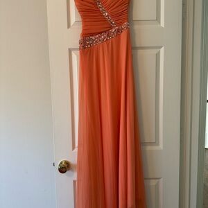 B Darlin Coral/Peach Maxi Gown with Crystal design